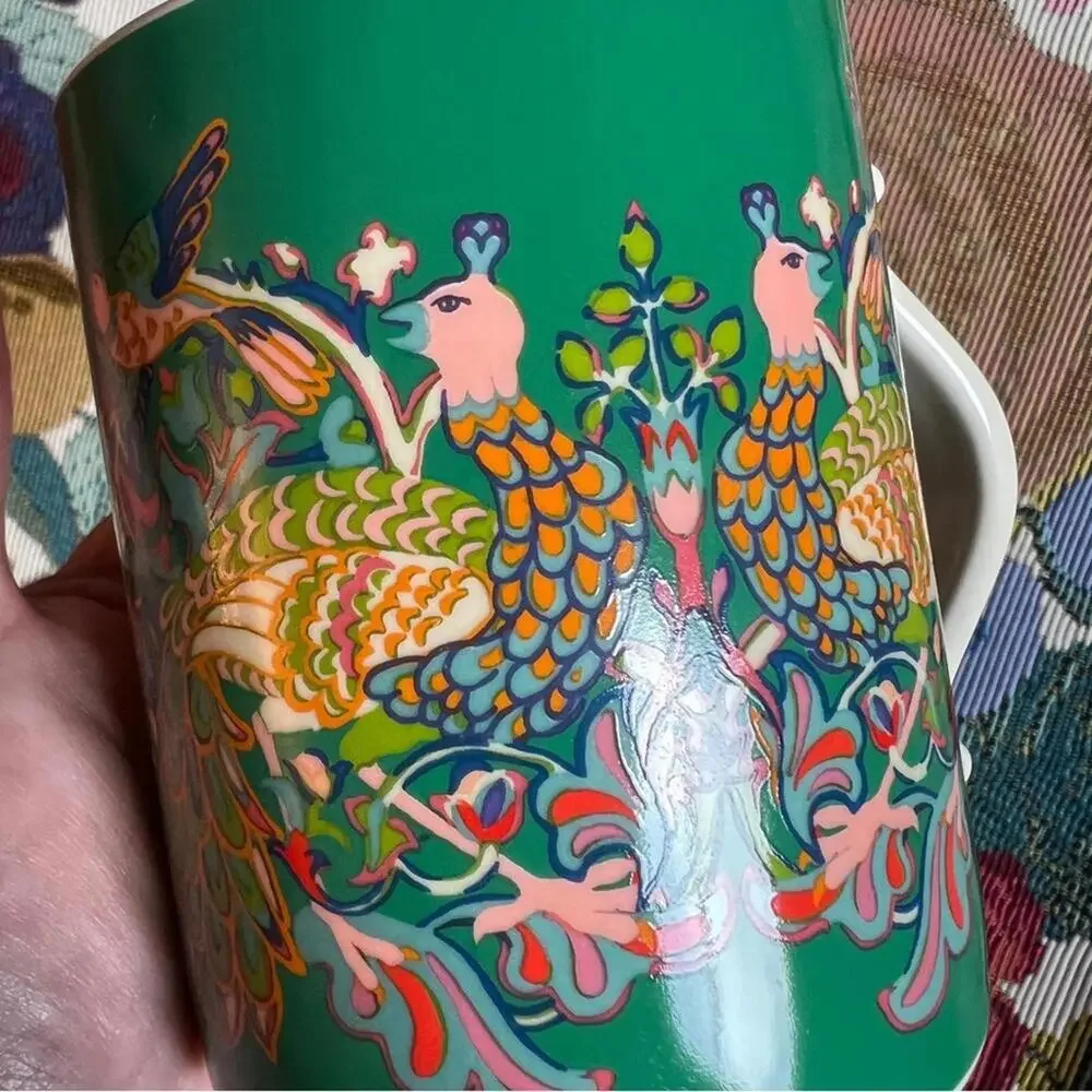 2 WILLIAM MORRIS Coffee Mugs Peacock Floral Cups Red Green Pink Bird Ornate
